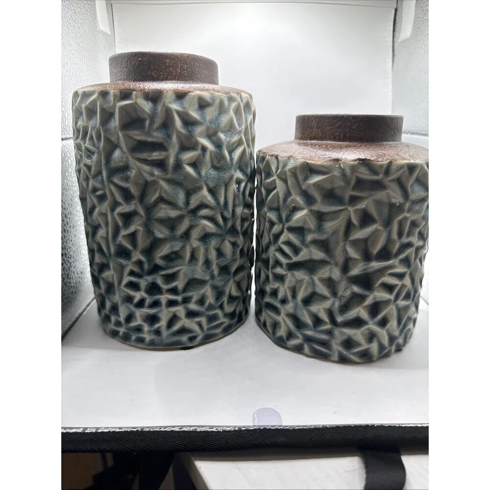 Set Of 2 Textured Blue And White Vases 6” And 8”Tall By 5” Diameter